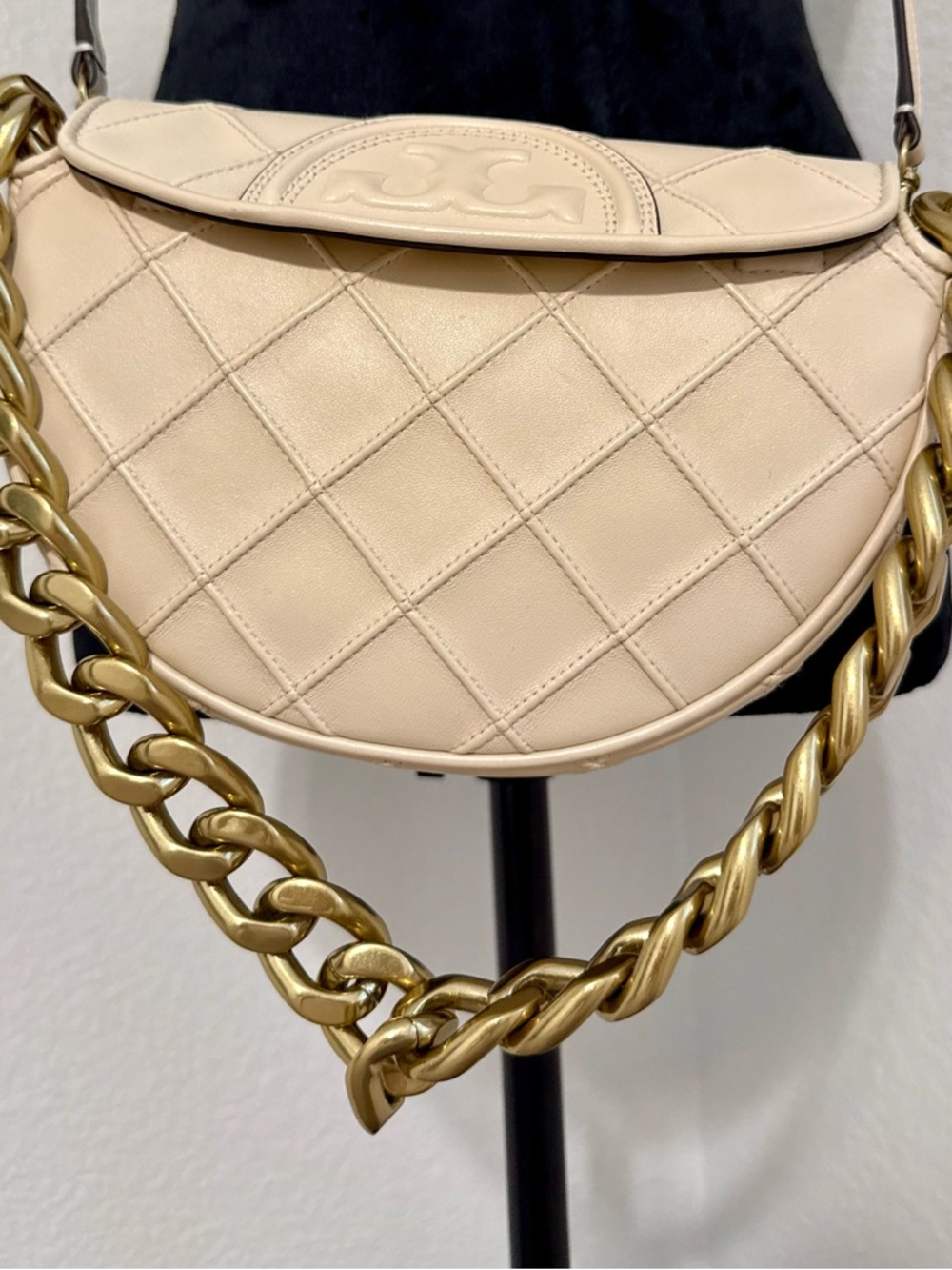 Tory Burch Cream Mini Fleming Crescent Bag with Gold Chain - Picture 8 of 17